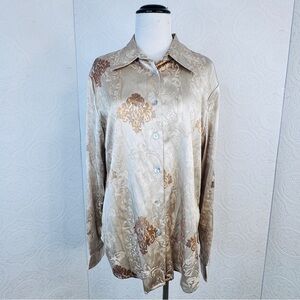 Vintage Tess Silk Satin XL Gold Beige Floral Jacquard Button Up Top Women’s 80's